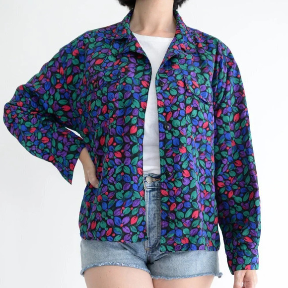 Vintage Black Green Blue Red Floral Button Up Long Sleeve Blouse - Picture 2 of 15